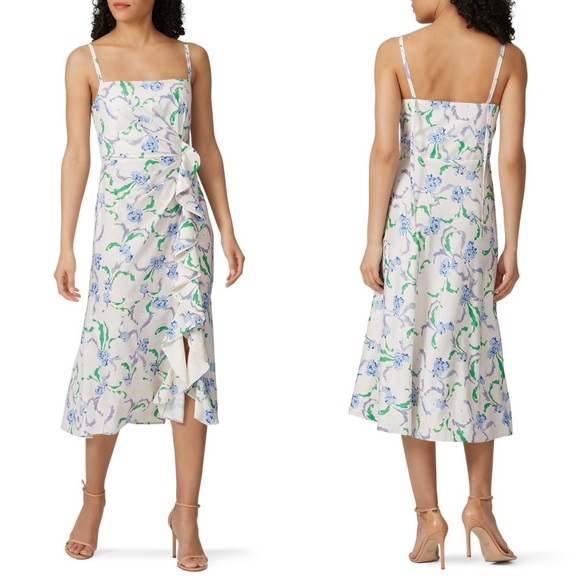 Prabal Gurung Floral Side Ruffle Midi Dress - Size 10 - Picture 1 of 9